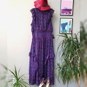 NWT Lulus Evalina Navy Blue Floral Print Mock Neck Midi Dress size M, ne…